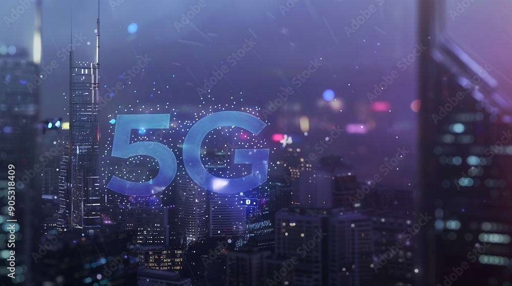 Aufkleber 5G network digital hologram and internet of things on city background5G network wireless systems : Generative AI