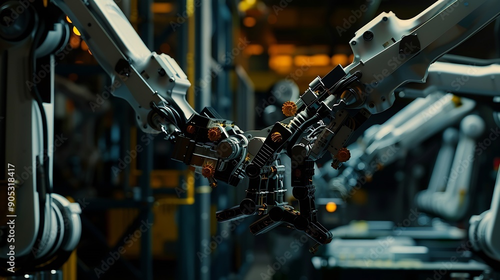 Poster smart industry robot arms for digital factory production technology showing automation manufacturing
