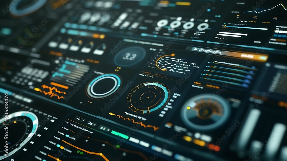 Poster Data analytics automated with AI technology Big data business analytics and artificial intelligence automation Dashboard report with sales and operations charts and KPI insights on tou : Generative AI