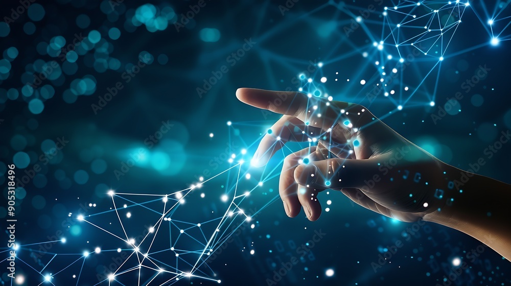 Poster Digital cyber era technology concept Human hand touching interconnected polygons of massive amounts of data glowing on a dark blue background New innovations that are coming to change  : Generative AI