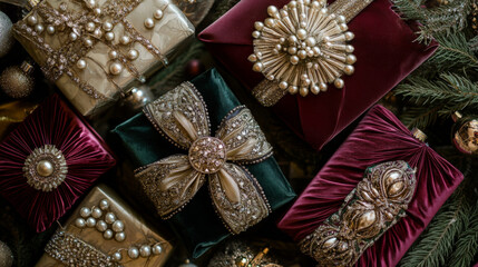 Fototapeta premium A top view of gifts wrapped in luxurious fabrics like velvet and silk, adorned with golden and pearl embellishments, amidst a sea of sparkling tree trimmings and elegant ornaments. The display is