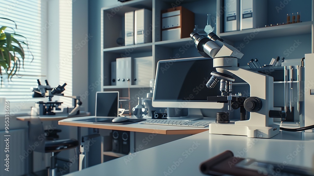 Aufkleber Empty room and microscope with computer in laboratory for medical workspace science and innovation for research breakthrough Interior equipment and desktop with technology for experime : Generative AI