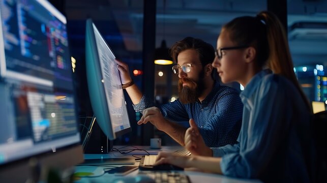 Web developers using a computer together in a creative office Two business people working on a new software developing project in an office : Generative AI