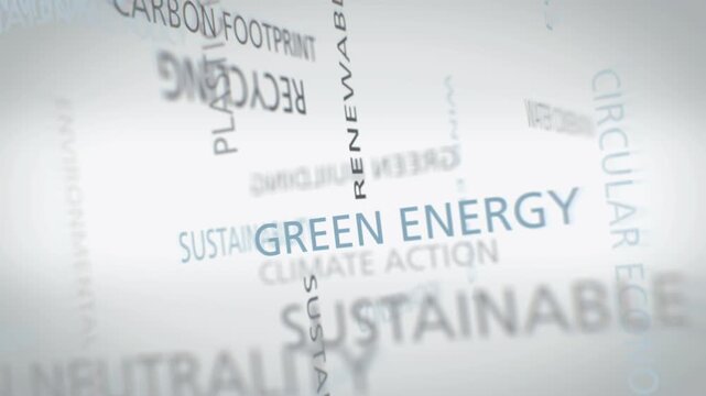 Sustainability word cloud with various concepts on the topic, animated flight through the collection infographic
