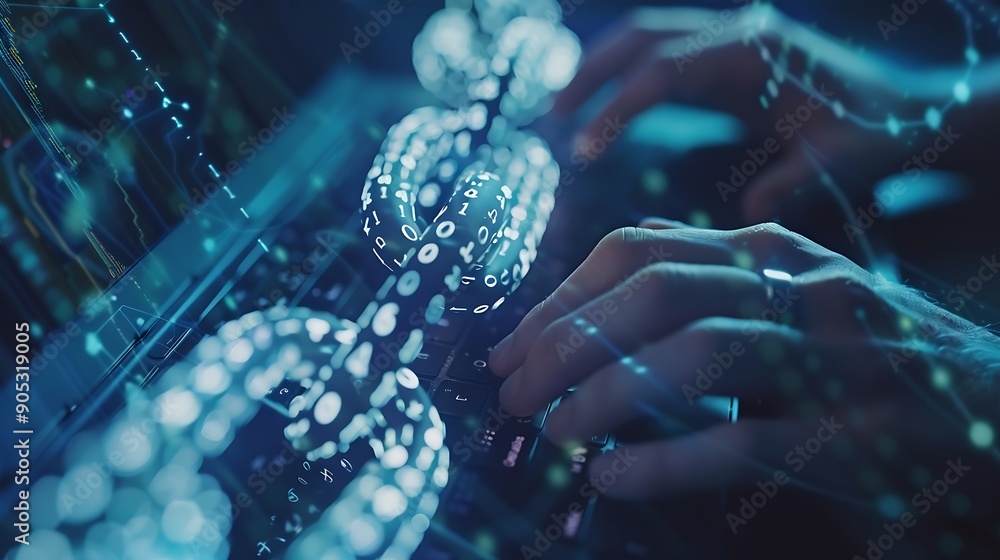 Poster Blockchain technology transaction concept Businessman use laptop on blockchain global networking data network connect Internet cyber security binary coded Crypto chain blockchain techn : Generative AI