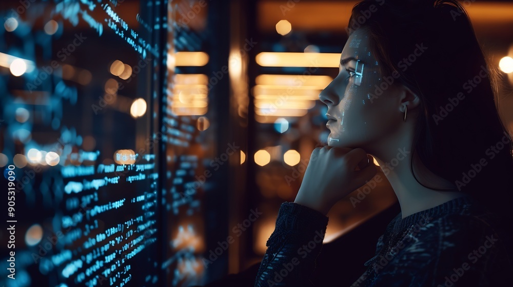 Aufkleber Computer code hologram and woman thinking of data analytics information technology or software overlay at night Laptop solution and IT people with algorithm statistics and cybersecurit : Generative AI