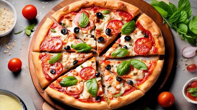 Top view of fresh and hot Italian pizza and different sauce and vegetables rotate on wooden table.