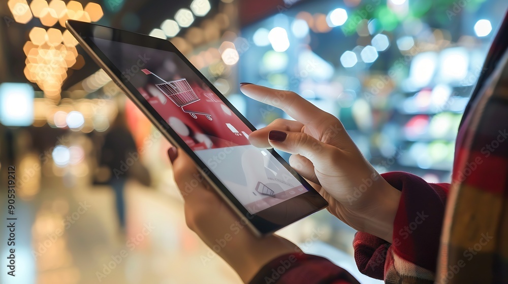 Aufkleber hands holding a modern tablet displaying an ecommerce webpage concept of online shopping with a seam