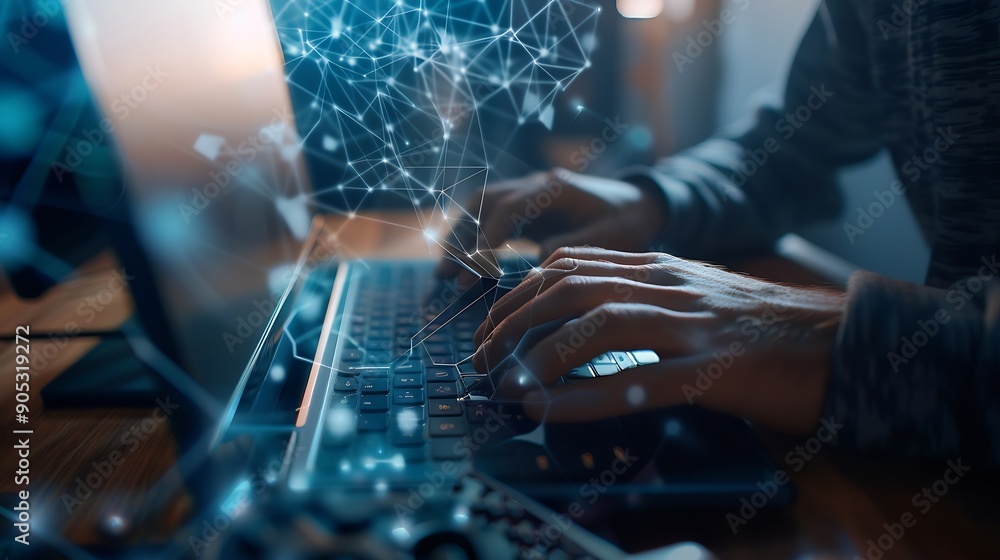 Fototapete Digital technology internet network connection big data digital marketing IoT Programmer coding on computer with smart city and internet network data accessing innovative technology ba : Generative AI