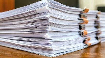 A large stack of paper documents organized with binder clips, resting on a wooden surface. Ideal for office, business, or paperwork themes.