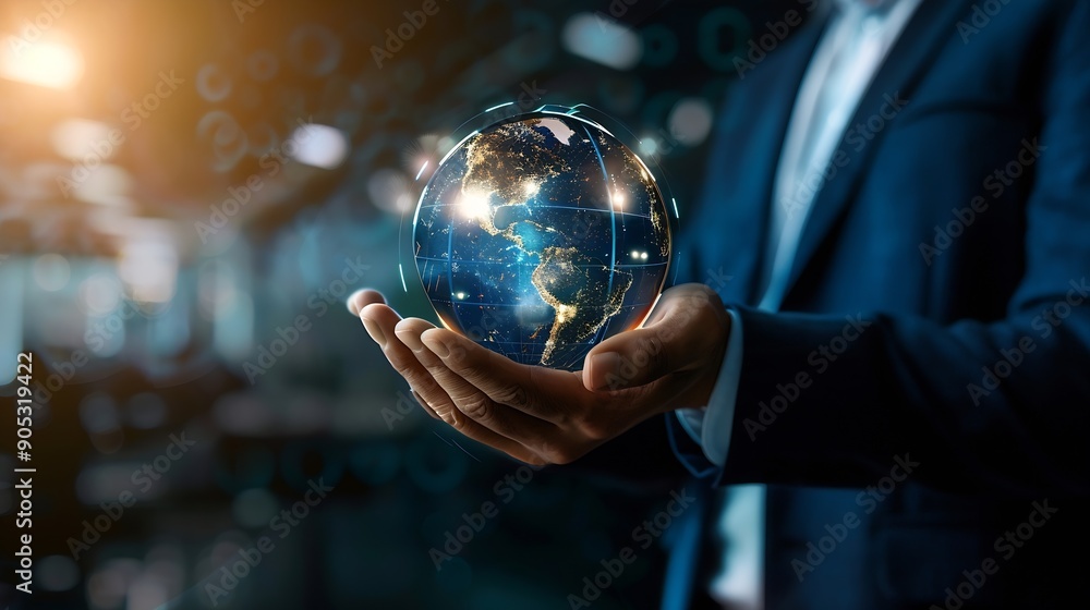 Poster business service online digital technology businessman holding digital globe hologram quality busine