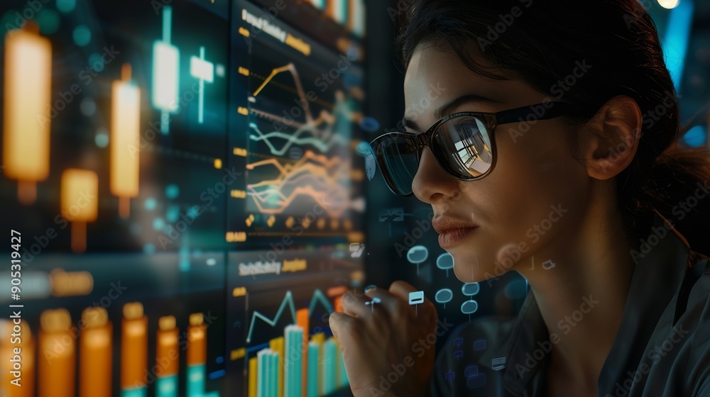 Poster Analyst woman working with information database to analyze marketing and sales data Business analytics dashboard with charts metrics and KPIs concept : Generative AI