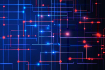A blue background with red dots scattered throughout. The dots are arranged in a grid pattern, creating a sense of order and structure. The blue and red colors give the image a futuristic