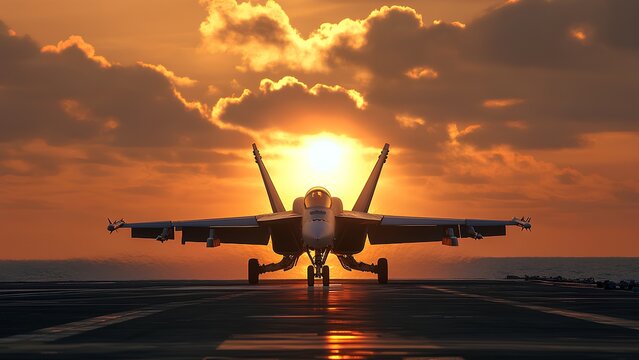 Blazing into the Twilight: F-18 Super Hornet Launches from Aircraft Carrier at Sunset