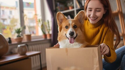Shocked satisfied woman unpacking delivery parcel Girl shopper online shop customer opening cardboard box receiving purchase gift by fast postal shipping beside cute corgi dog in livin : Generative AI