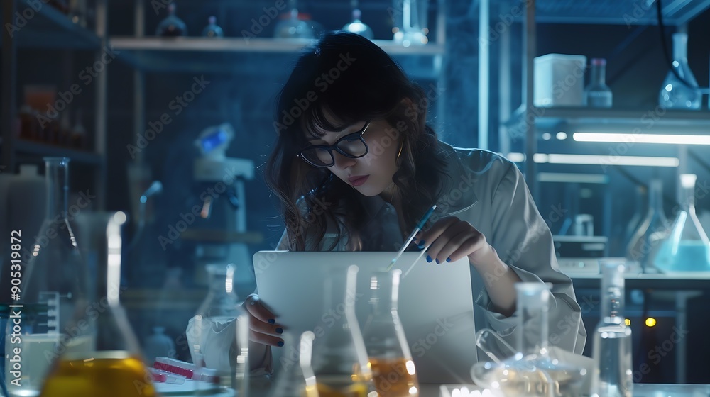Poster chemistry laptop and science with woman in laboratory for medical or pharmaceutical research compute