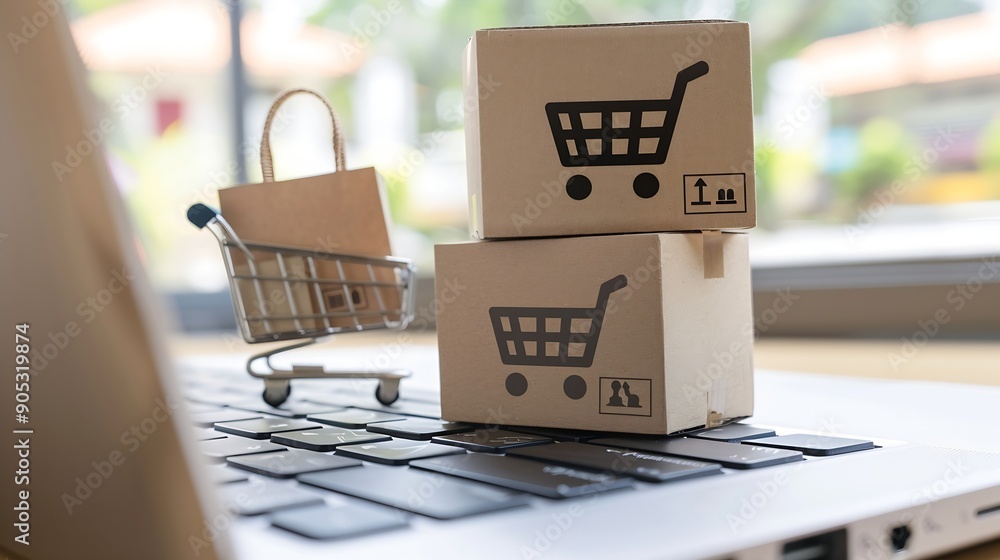 Poster shopping online cardboard box with a shopping cart logo in a trolley and paper bag on laptop keyboar