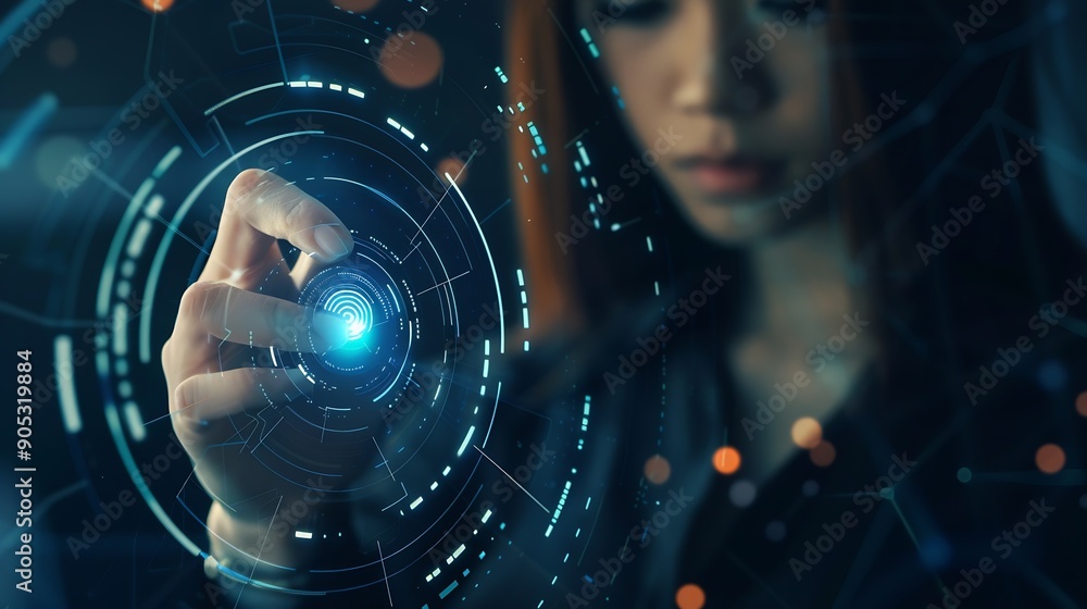 Poster Biometrics security system Woman using fingerprint identification to access personal financial data on mobile phone mobile banking app biometrics cyber security technology against digi : Generative AI