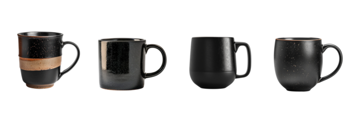 Set of Black mugs isolated on transparent png background