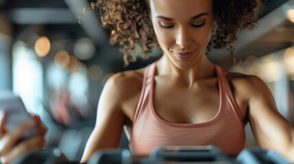 A woman is seen lifting weights in a gym while smiling at her phone, showcasing a healthy, active lifestyle and the joy of fitness activities in a modern workout setting.
