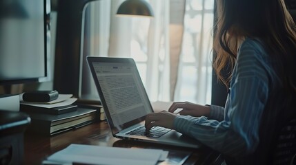 Businesswoman working on laptop computer and document sitting at home office : Generative AI
