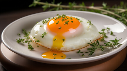 Fried Egg with Dripping Yolk on White Plate with Greenery on Wooden Board