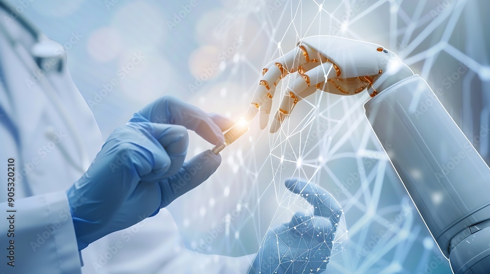 Aufkleber Medical Ai Hands of robot and human touching on medical data network connection AI robot for diagnosis increasing accuracy patient treatment in future technology to improve patient hea : Generative AI