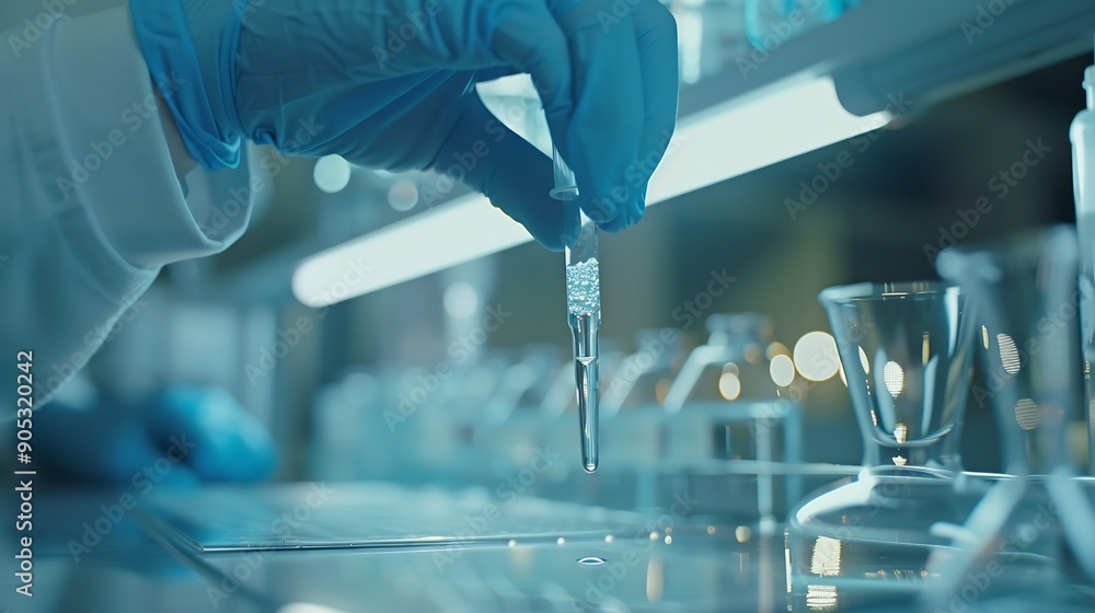 Leinwandbilder medical development research laboratory chemist or science scientist student hand in glove drop wate