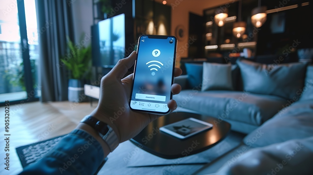 Fototapete People hand using smartphone or computer laptop to access smart home application from internet wireless connection to control and monitoring smart device inside of the house Internet o : Generative AI