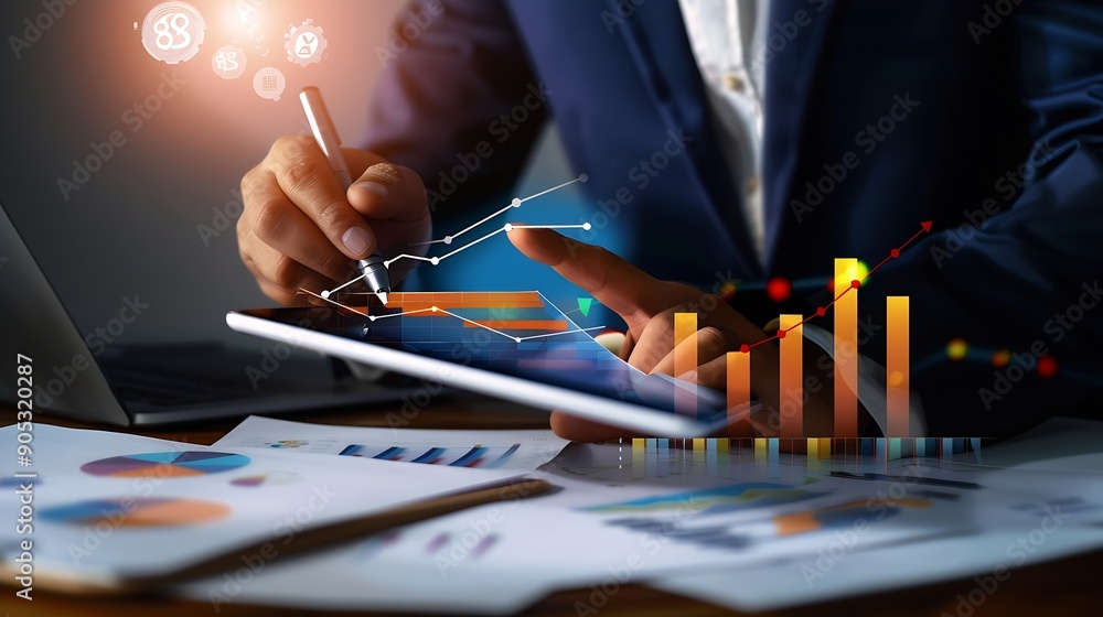 Fototapete business finance and investment concept businessman using digital tablet analyzing and calculating f