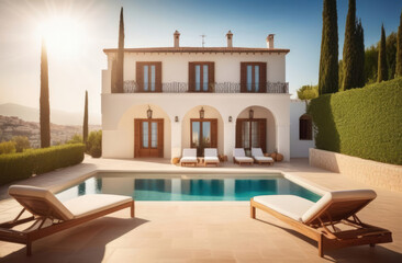 Obraz premium luxurious mediterranean villa with private pool and spacious terrace for relaxing getaway