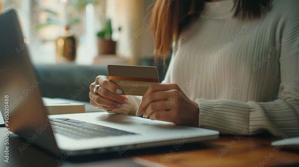 Poster a woman is using a laptop to pay for something with a credit card : generative ai