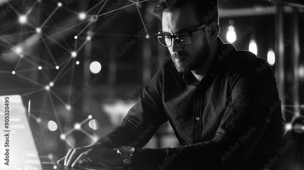 Poster Business man programmer software developer working on laptop computer with network connection monochrome internet of things IoT 40 digital technology development concept : Generative AI