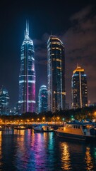 Illuminated skyline at night, modern high-rise buildings, colorful reflections, boats on river