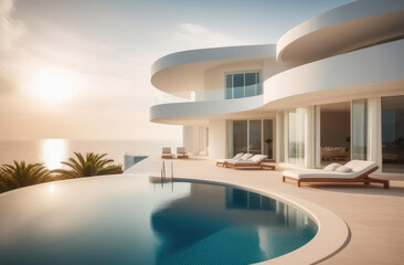 Fototapeta premium opulent villa with a private pool and large terrace, perfect for relaxing vacation, real estate