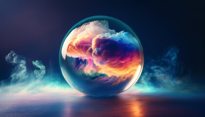 Surreal scene of glass orb filled with clouds. Swirling mist and smoke. Mystical atmosphere.