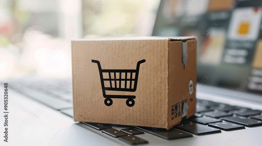 Poster shopping online cardboard box with a shopping cart logo in a trolley on laptop keyboard shopping ser