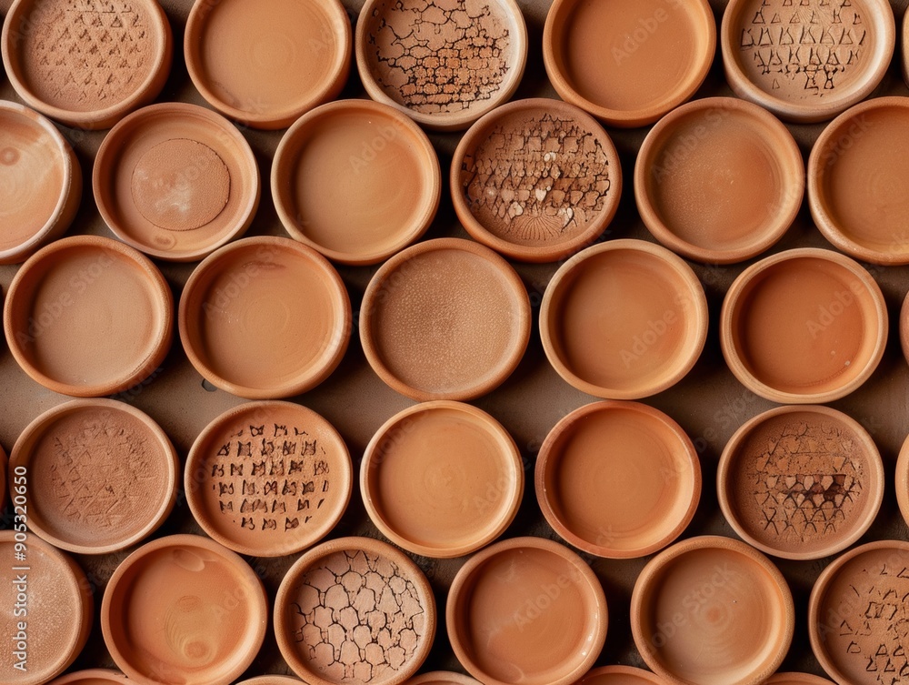 Poster aerial view of symmetrical terracotta plate arrangement with geometric patterns and warm tones