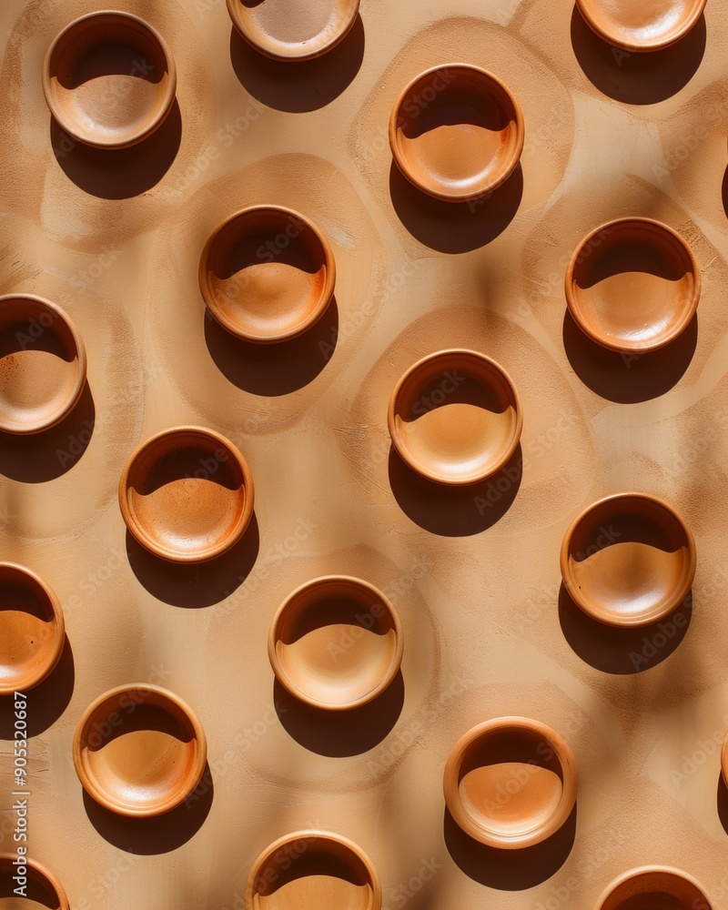 Aufkleber symmetrical terracotta plates on a soft brown background with warm evening light creating a cozy atm