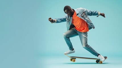 Full body sideways young man of African American ethnicity wear denim jacket orange tshirt riding skateboard pennyboard isolated on plain pastel light blue cyan background studio Lifes : Generative AI