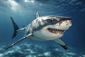 Naklejka premium A shark is swimming in the ocean with its mouth wide open. The shark is surrounded by water and sunlight, creating a serene and peaceful atmosphere