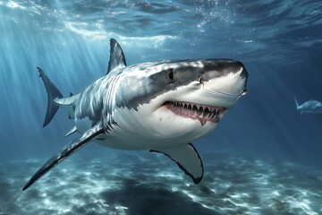 Fototapeta premium A shark is swimming in the ocean with its mouth open. The shark is surrounded by water and sunlight