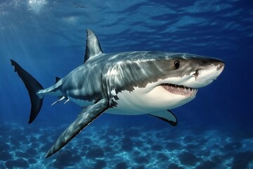 Fototapeta premium A large shark is swimming in the ocean. The shark is white and black with a mouth full of teeth. The water is blue and the sun is shining on the surface