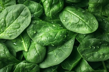 Obraz premium A close up of green leaves with water droplets on them. The leaves are fresh and vibrant, giving off a sense of health and vitality