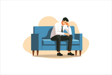 A man suffering from headache at workplace, having problems thinking about troubles. Stressed guy sitting on sofa in office. vector, illustration