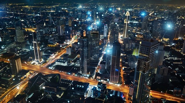 Energy Digitalization Smart city with Wireless network and Connection technology concept with Abstract Bangkok city background : Generative AI