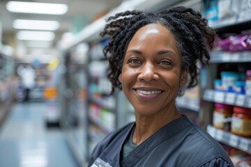 Naklejka premium A smiling woman in a uniform stands confidently in a store aisle, with shelves stocked with various products around her, suggesting a positive and professional retail setting.