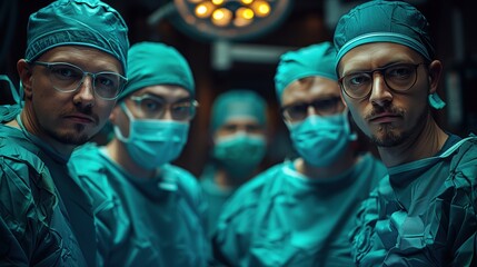 Serious Male Surgeons in Operating Room. Group of serious male surgeons in the operating room, prepared for a complex surgical procedure, wearing surgical masks and scrubs.