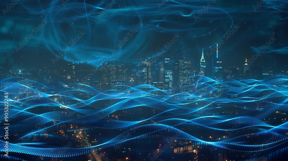 Poster smart city and big data connection technology concept with digital blue wavy wires with antennas on 