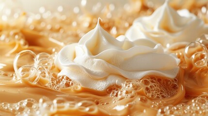 This image captures swirls of white cream in a caramel-colored liquid with bubbles, providing a mouth-watering visual perfect for food advertisements and culinary delights.